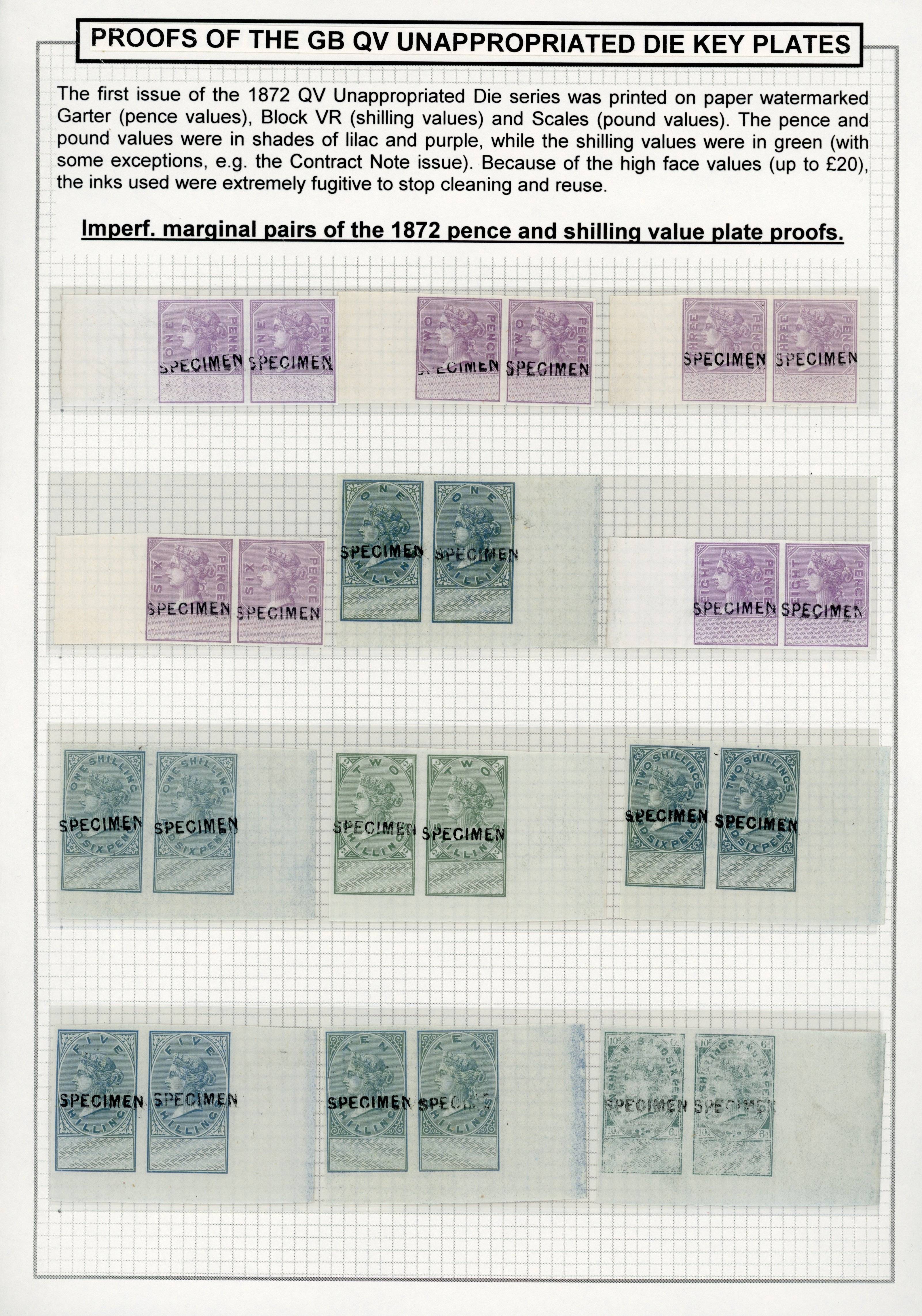 GB Unappropriated Dies 1872 1d to 10/6d Plate Proof pairs