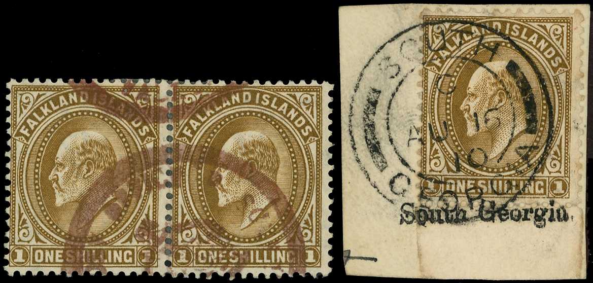 1904-12 1/- brown horizontal pair with...