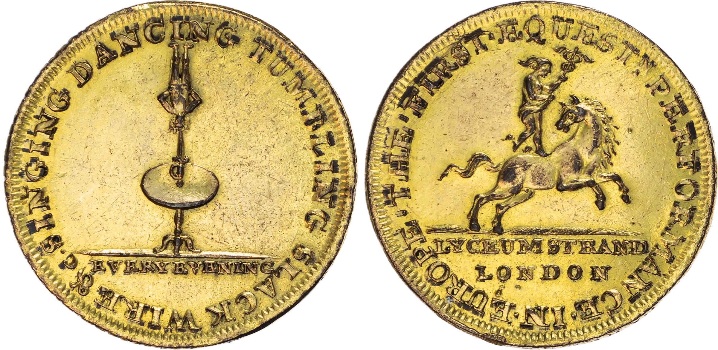 London , Strand, Philip Asley at the Lyceum (circus owner) Gilded Advertising Halfpenny (1795), Man dressed as…