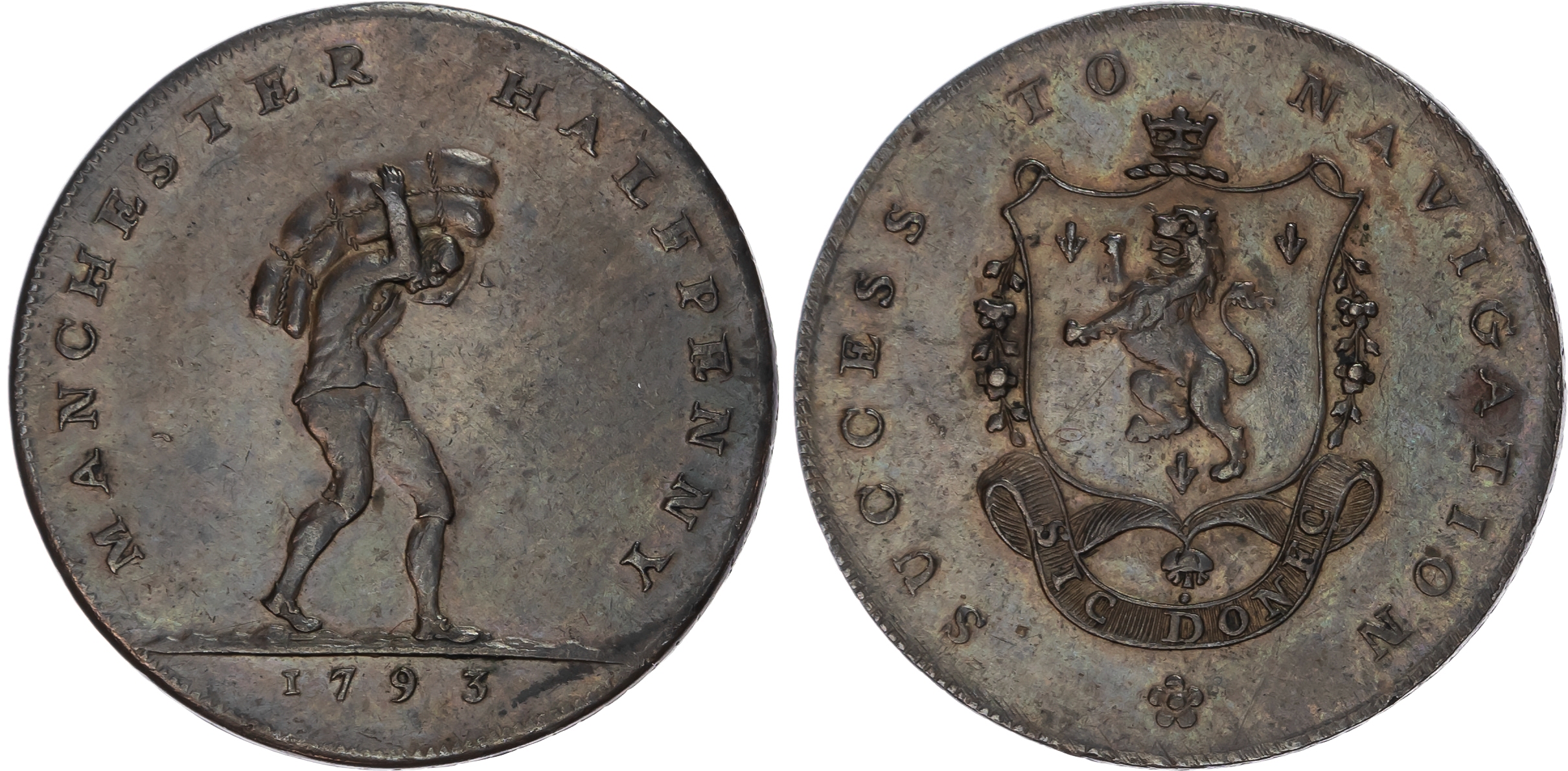 Lancs. Manchester , John Fielding Halfpenny 1793, Porter carrying cotton bale rev. Bridgewater Arms (rampant l…