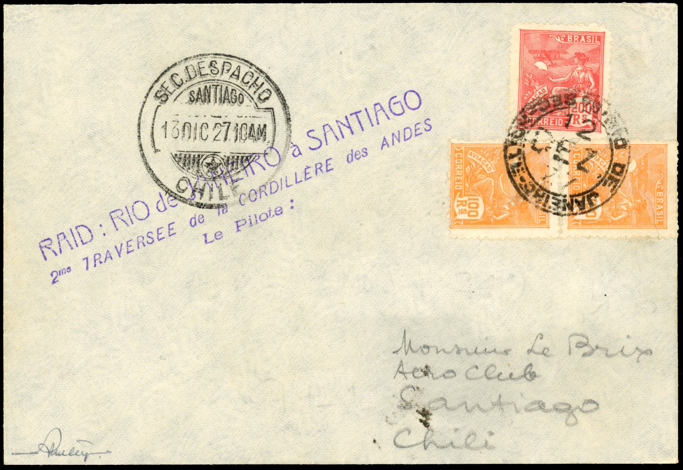 Brazil Airmail 1927 Rio de Janeiro to Santiago cross andes flight cover