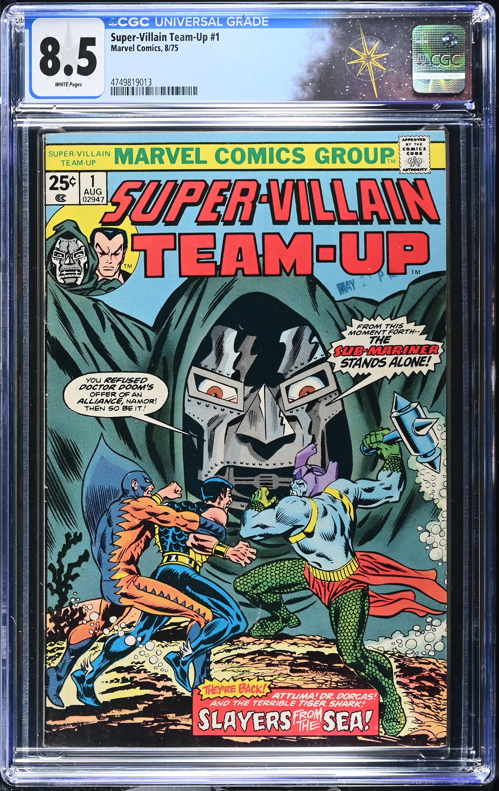 Super-Villain Team-Up #1 CGC 8.5 Tiger Shark, Attuma, Doctor Dorcas & Doom Cover (Marvel Comics, 1975) White Pages