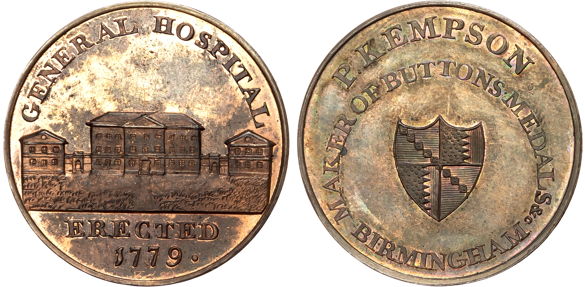 Warks. Birmingham , P Kempson’s Series of Birmingham Buildings Halfpence, General Hospital, 29mm/11.93gm. (DH 181). Anot …