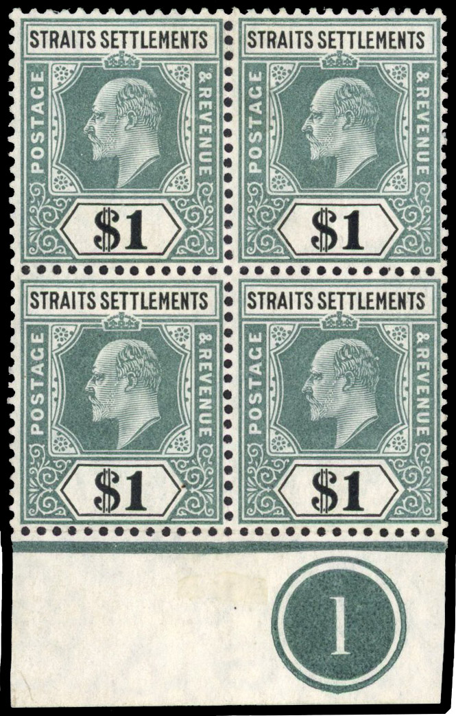 Straits Settlements 1904-10 $1 dull green and black block of 4