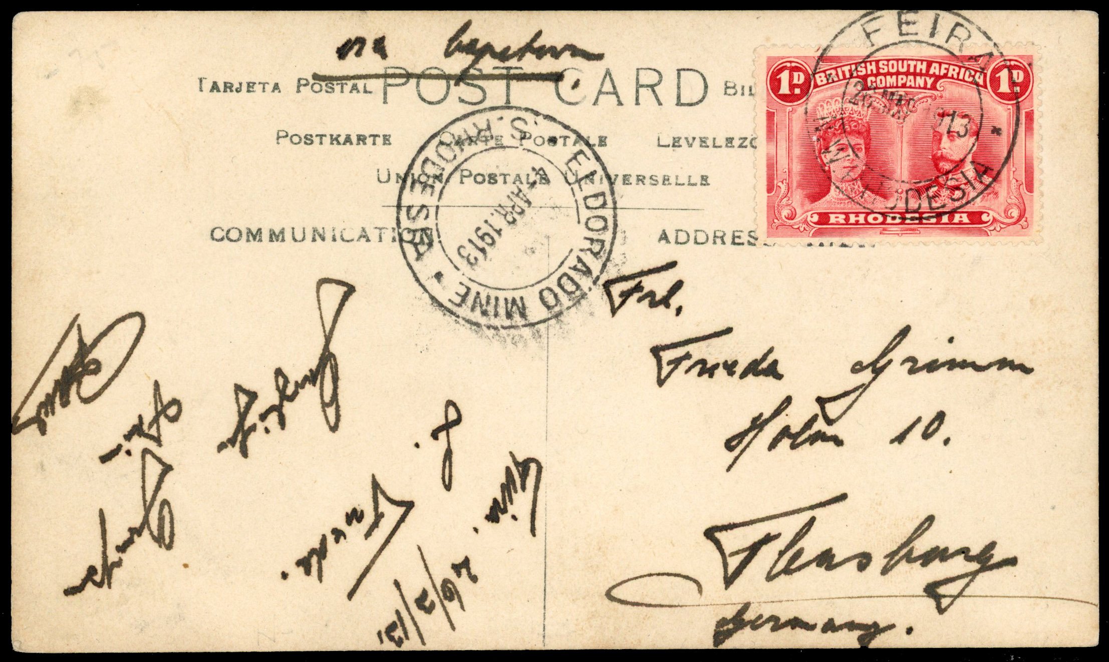 Rhodesia 1913 post card from Feira to Germany