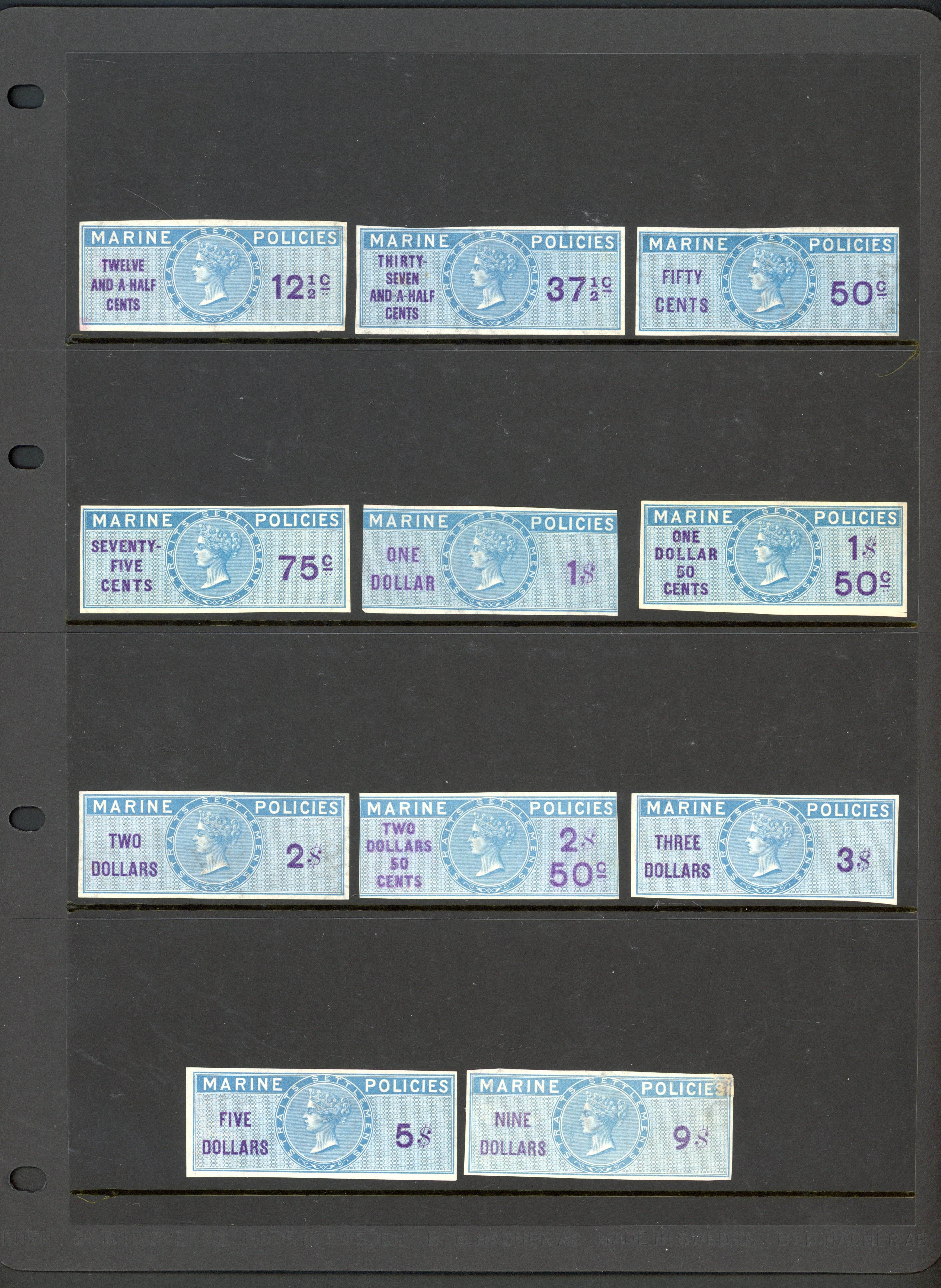 Straits Marine Policies 1867-72 values imperforate Plate Proofs