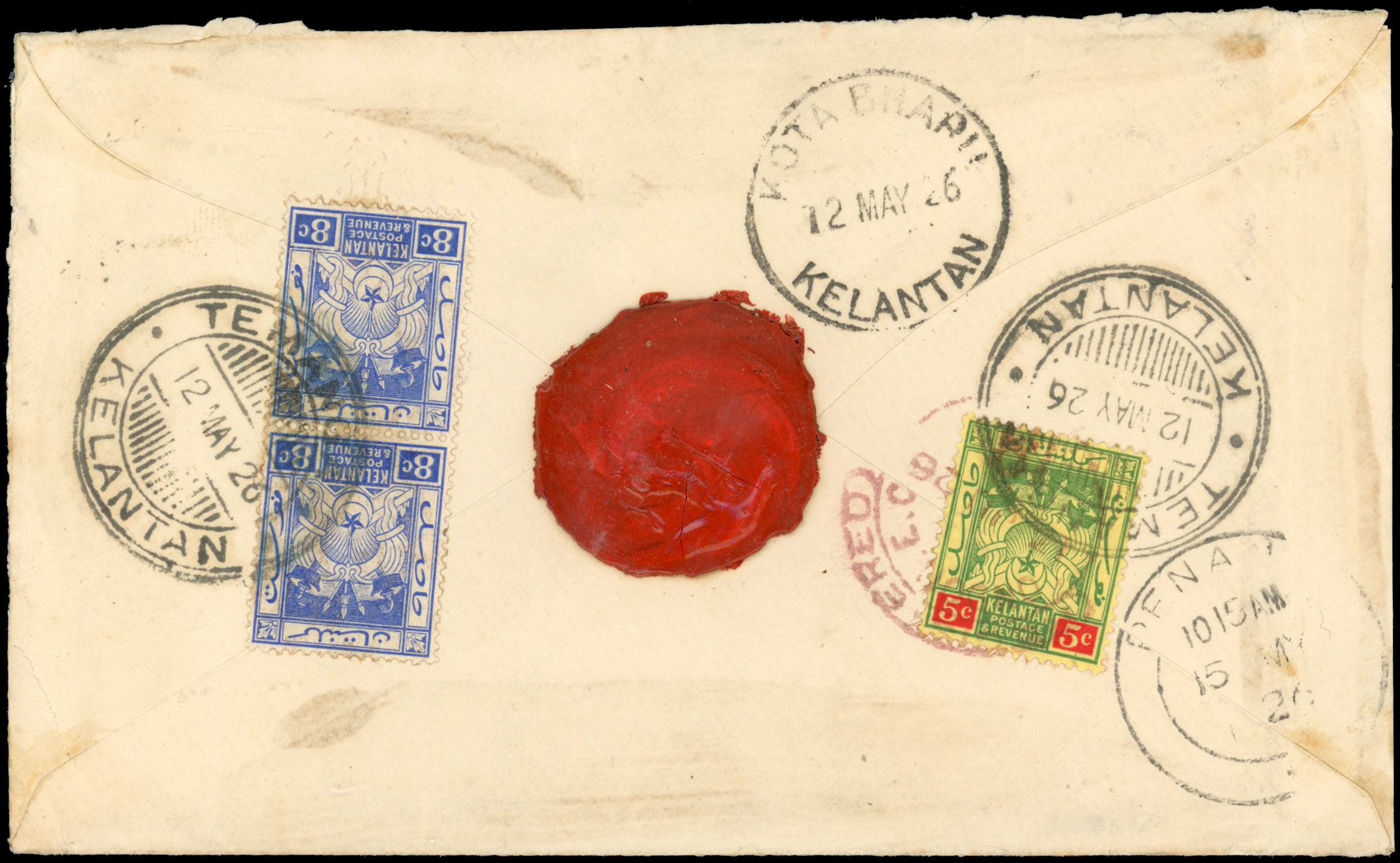 Malaya - Kelantan 1926 registered cover to London with SG 5, 18.