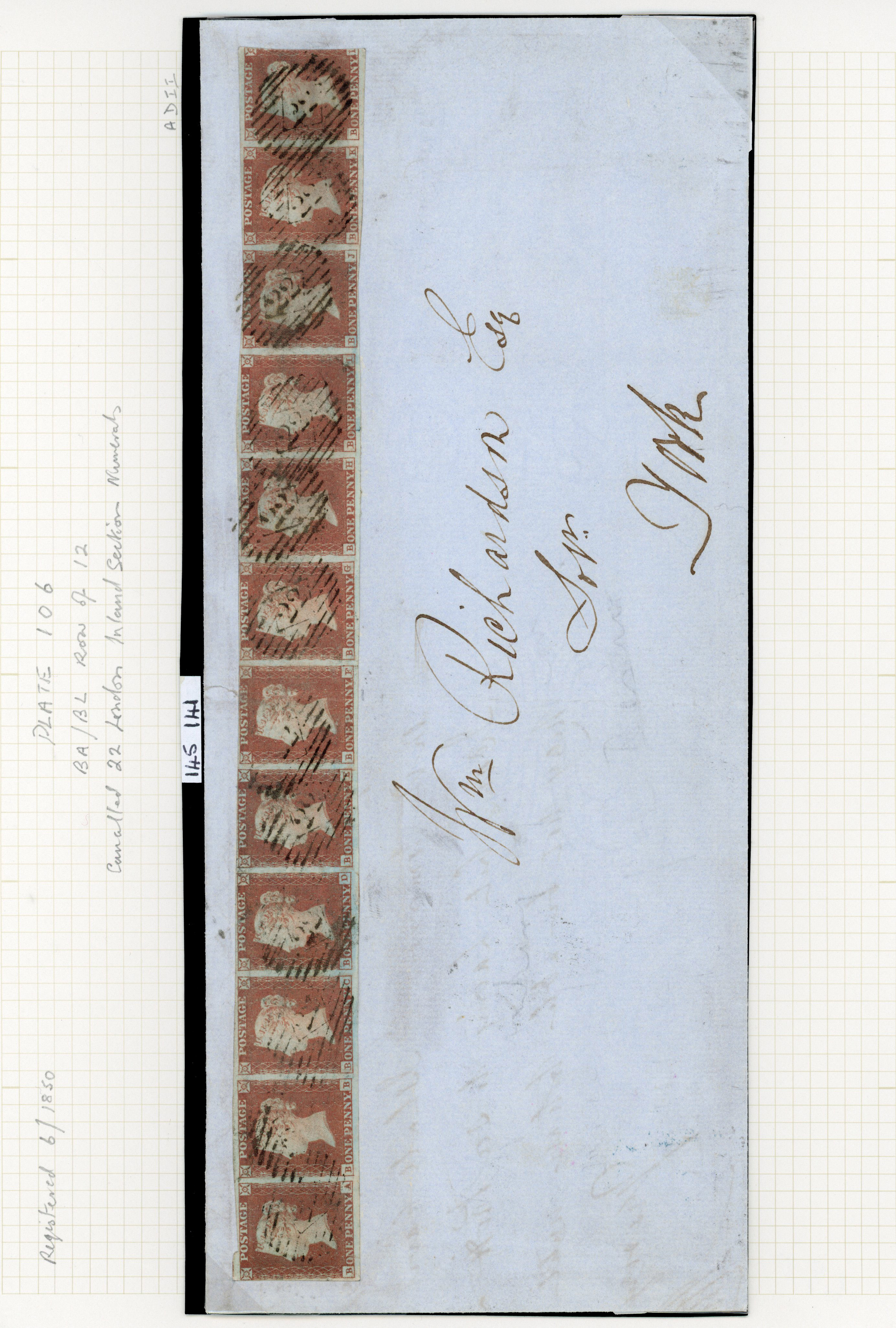 1841 1d Red-brown Pl.106. Cover sent from London to York bearing a complete horizontal row of twelve