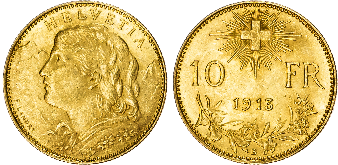 Switzerland. Confederation AU 10 Francs. 1915B. 