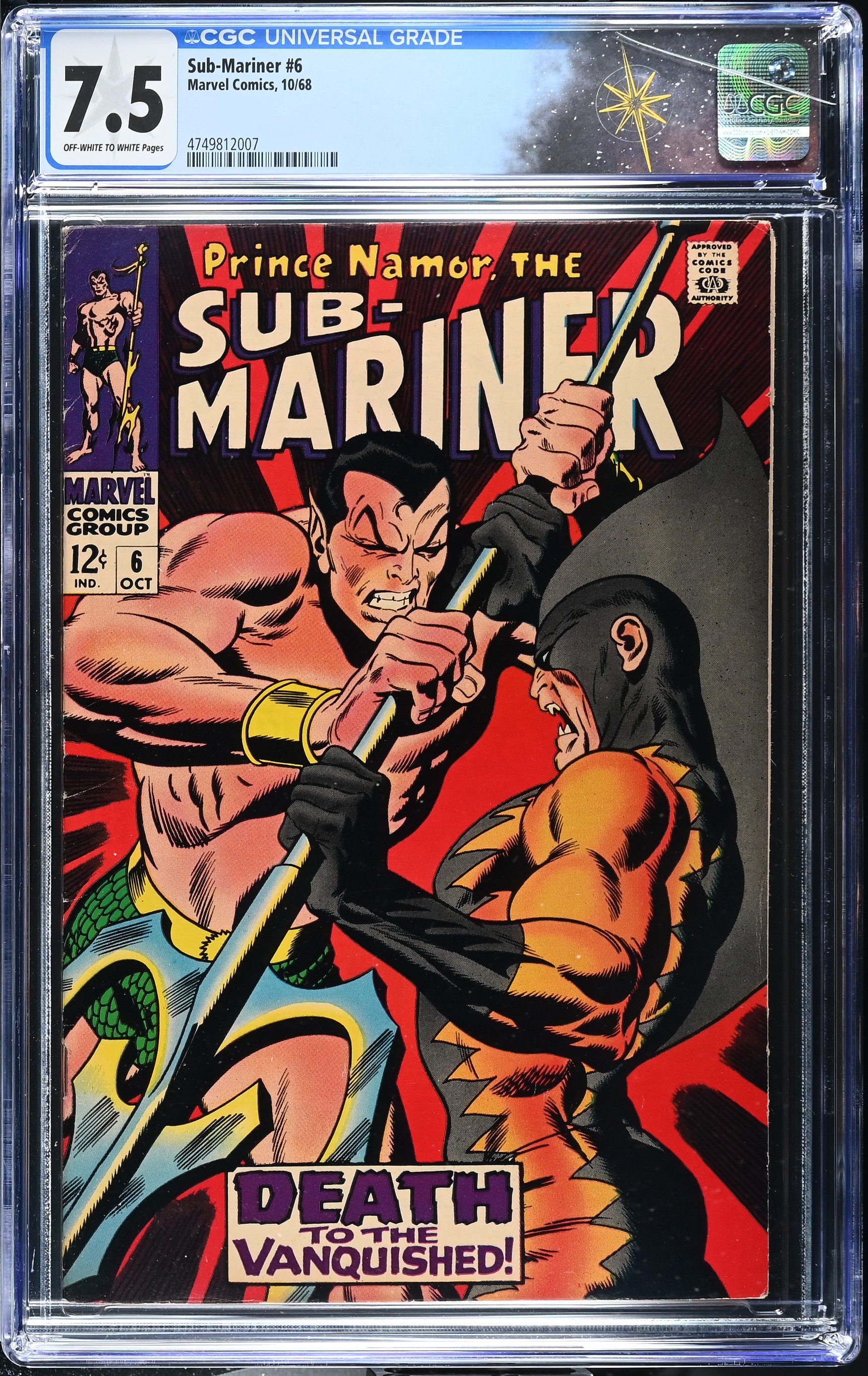 Sub-Mariner #6 CGC 7.5 2nd Appearance of Tiger Shark (Marvel Comics, 1968) Off-White to White Pages