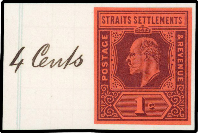 Straits Settlements 1902 KEVII 1c imperf colour trial in purple/red