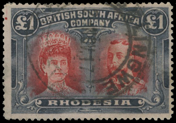 £1 scarlet and deep bluish grey perf 15, position 13 printer's mark.  Belingwe DC 1 NOV 17
