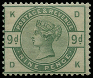 Great Britain 1883 9d Dull green (Wmk. Sideways-inverted). Very fine and fresh unmounted o.g. example lettered DK.…