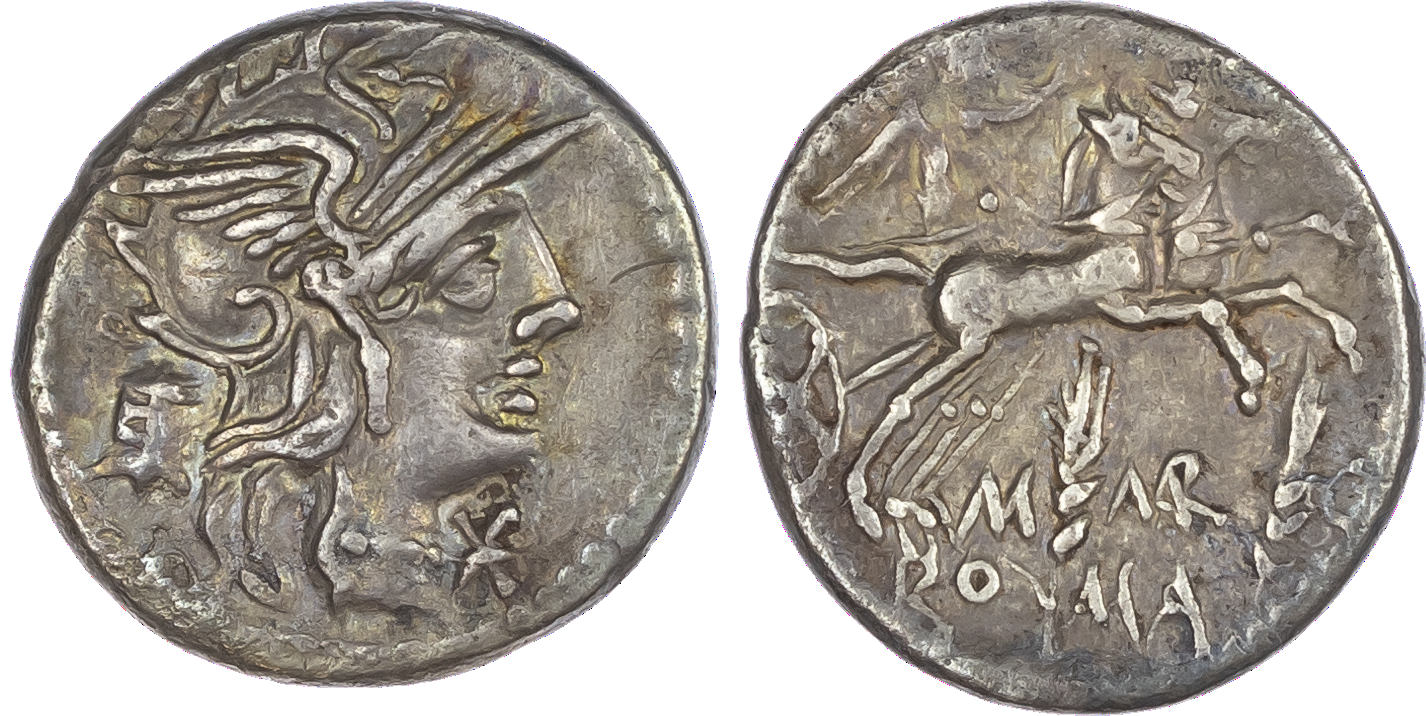 M. Marcius Mn. f. (134 BC) AR Denarius, Rome, 3.74g. Helmeted head of Roma facing right, modius behind, mark of value to