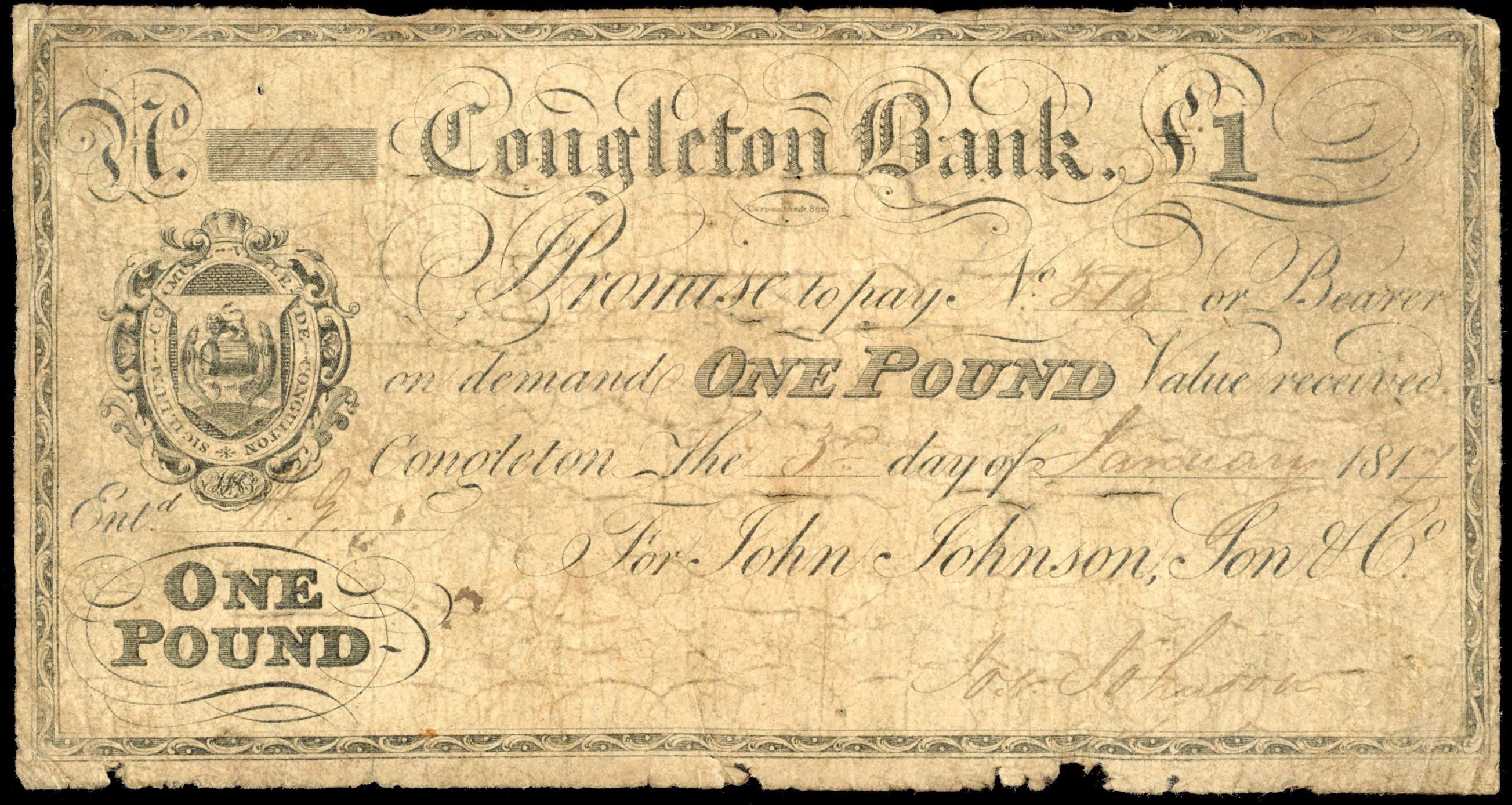 CONGLETON, Congleton Bank for John Johnson Son & Co. £1.,3 January 1817, serial number 1870, John Johnson sign…