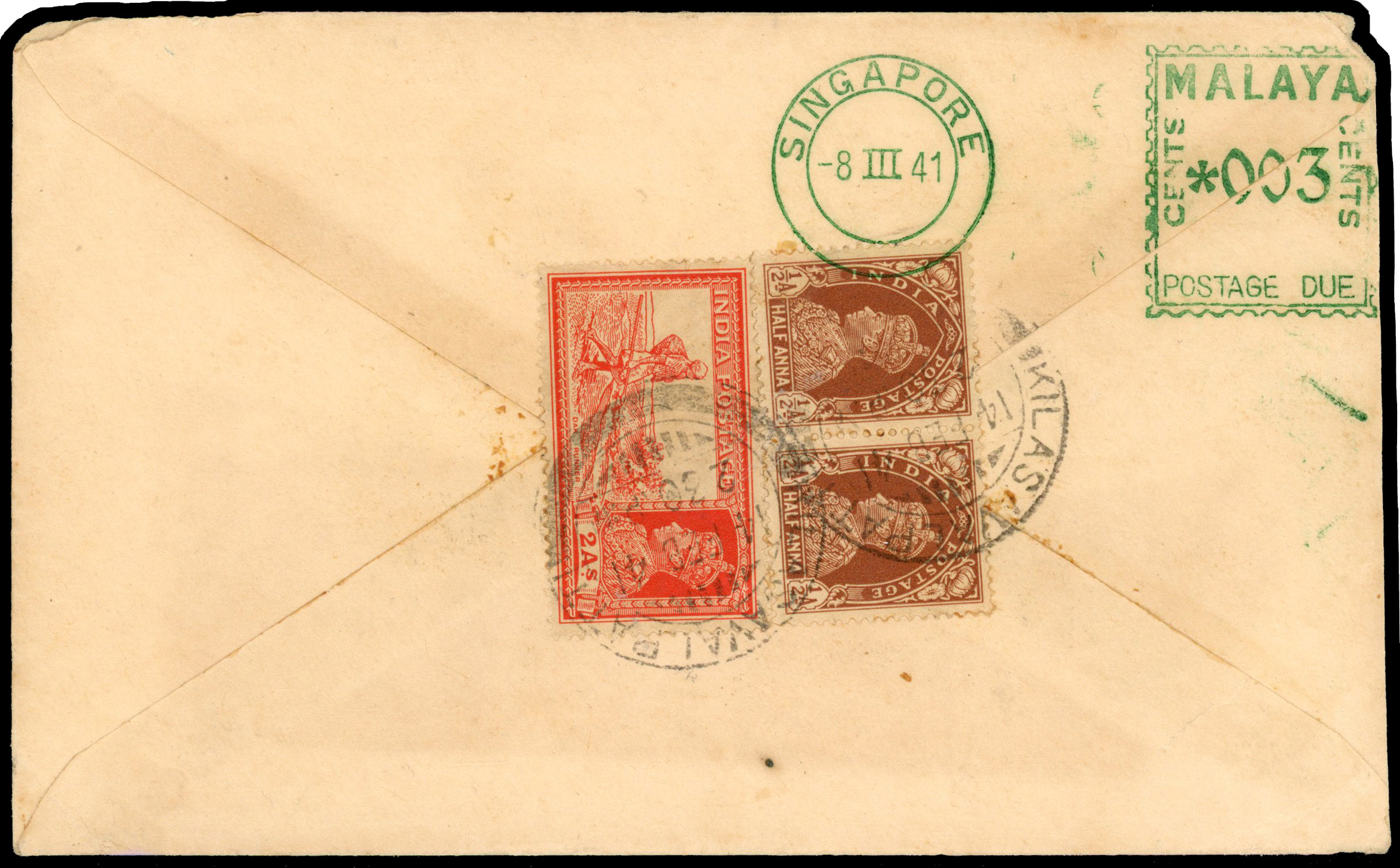 Straits Settlements 1941 incoming cover from India with 3c postage due meter mark