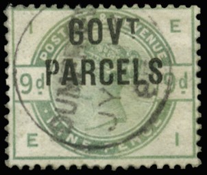 1883 9d Dull green (Govt. Parcels). Fine used...