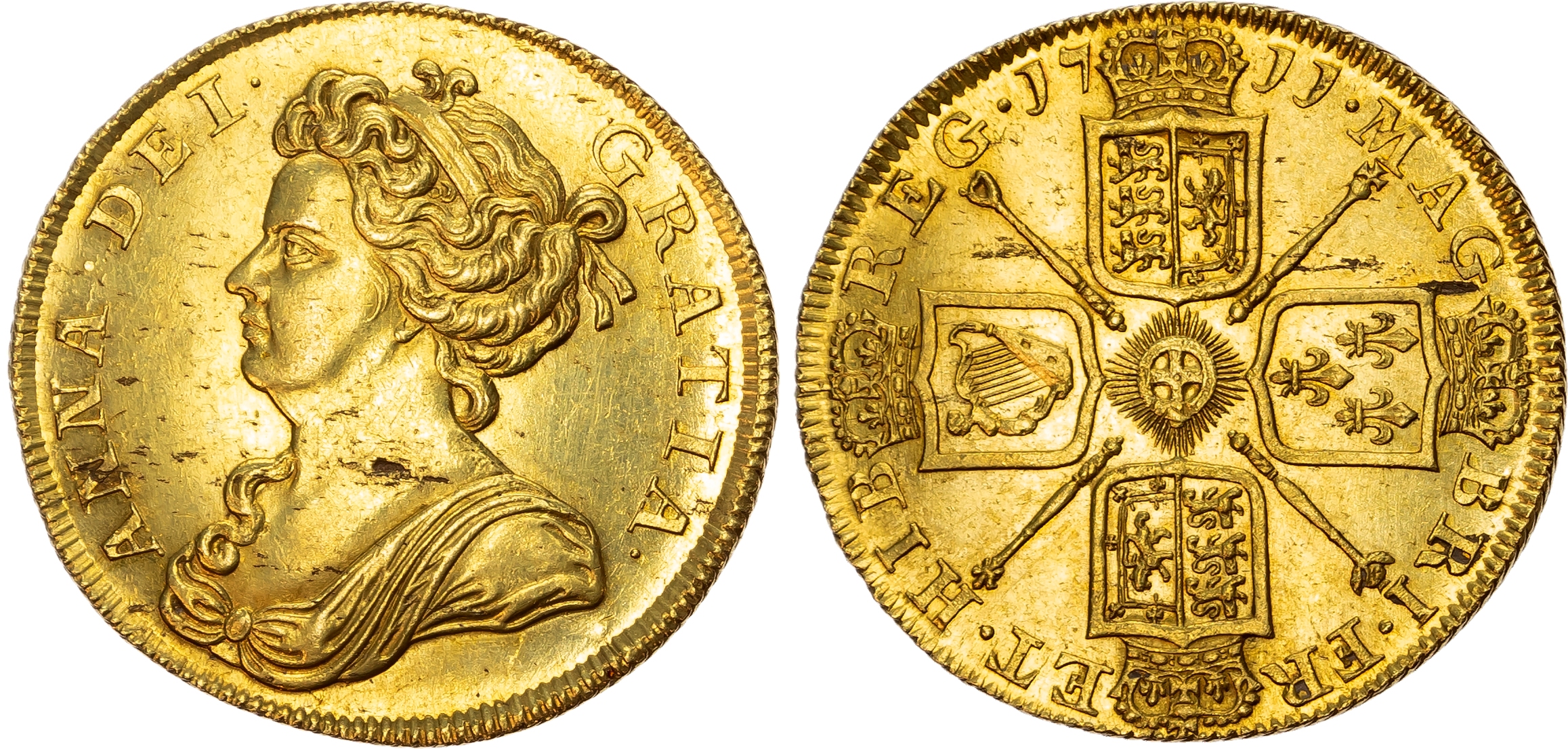 Anne (1702-1714), Post-Union, Two-Guineas, 1711, draped bust left, rev. crowned shields cruciform, sceptres in angles, n…