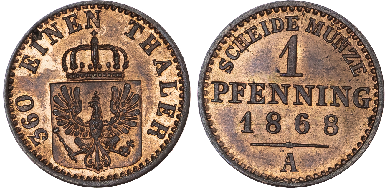 Germany States,  Prussia. Wilhelm I CU 1 Pfenning. 1868A. 