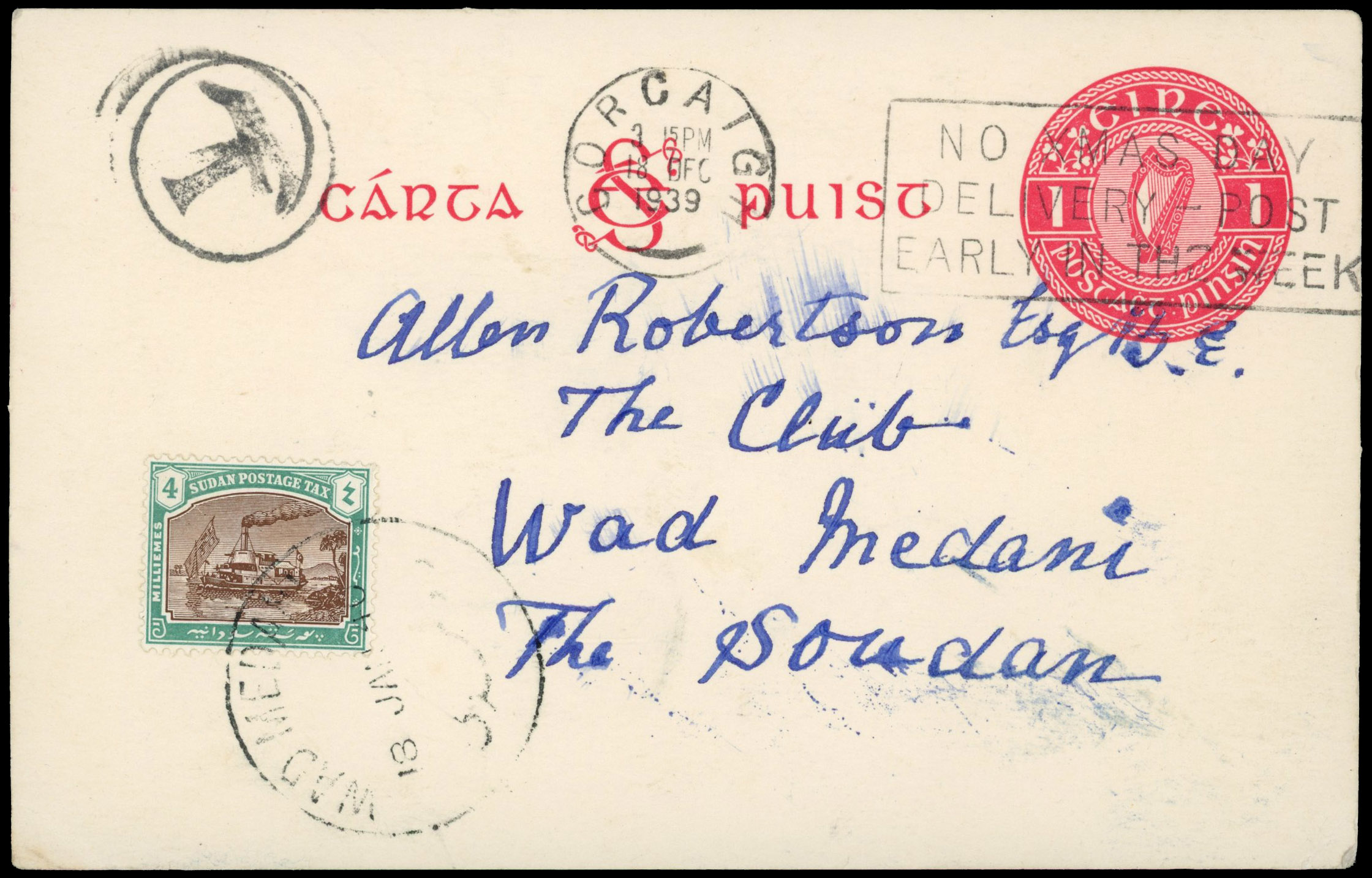 Sudan 1939 Irish 1p postal stationery card to Sudan and taxed with 1927-30 4m postage due cancelled with Wad Medani cds