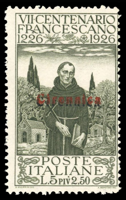 Italian Colonies Cyrenaica 1926 St Francis 5L+ 2L.50 double overprint unmounted o.g.