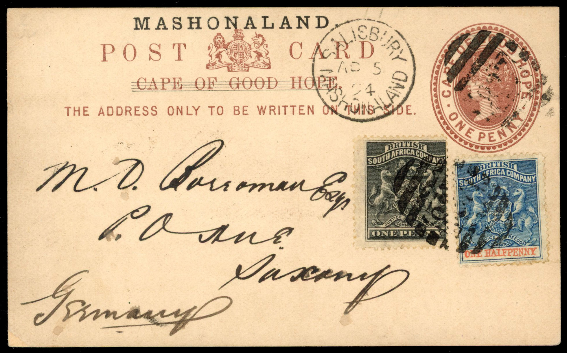Rhodesia 1894 COGH postal stationery card overprint Mashonaland, to Germany