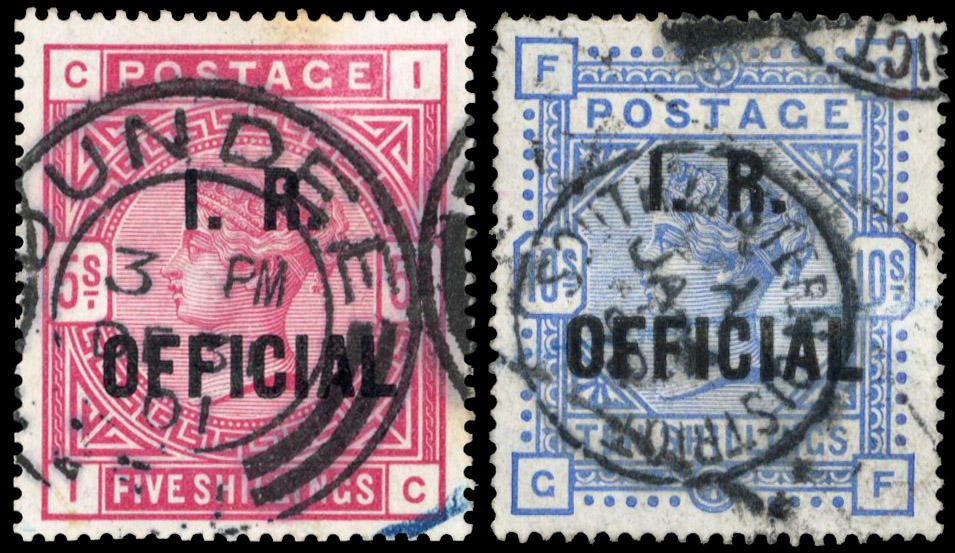 1890 5s red ‘I.R.OFFICIAL’ cancelled by central Dundee d/r cds with RPS certificate (2006) and 10s ultramarine ‘I.R.OFFICIAL’