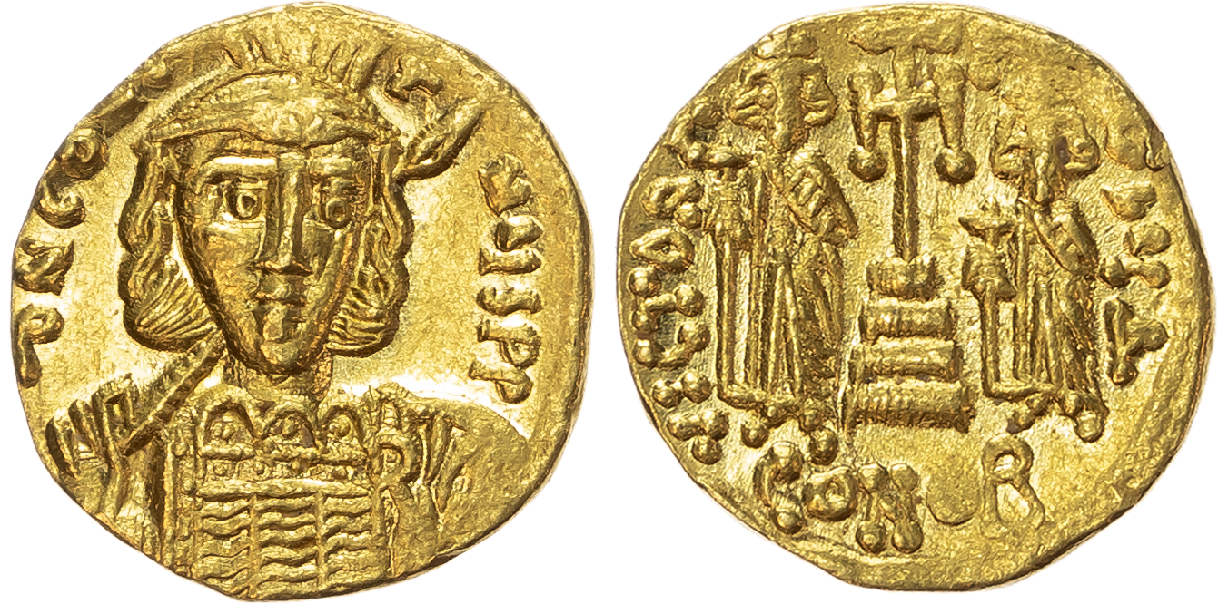 Constantine IV Pogonatus, with Heraclius and Tiberius (AD 668-685) AV Solidus, Constantinople, AD 669-674, 4.40g. 