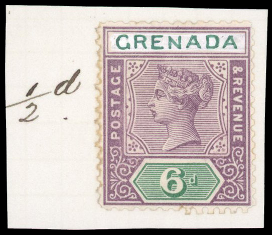Grenada 1894 6d colour trial on piece from Appendix sheet, SG 48var
