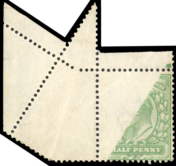 GB 1902-10 ½d yellowish green mint from the top left corner of the sheet showing dramatic paper fold