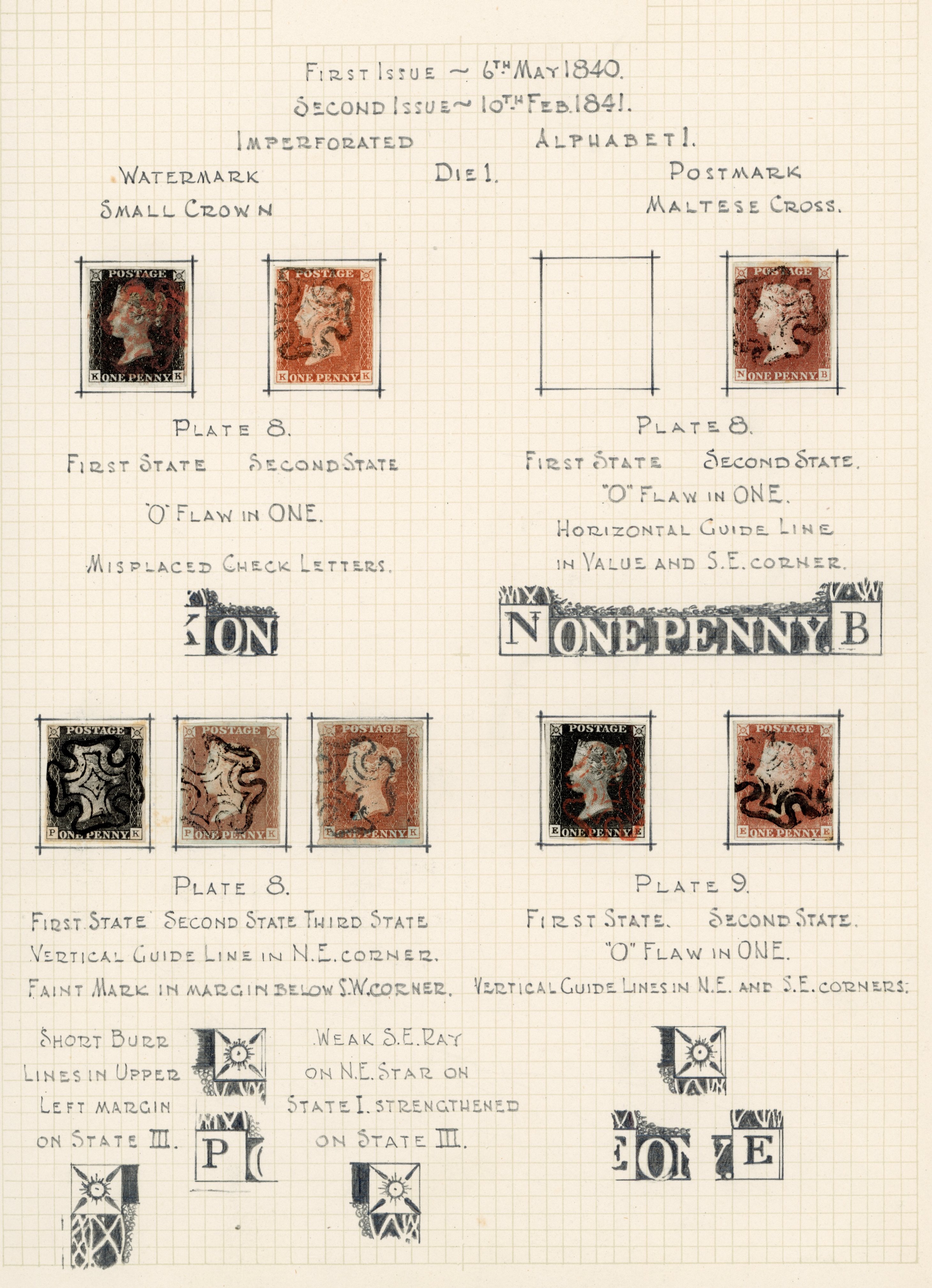 GB 1840 1d black album page of plates 8 and 9, some matched in red