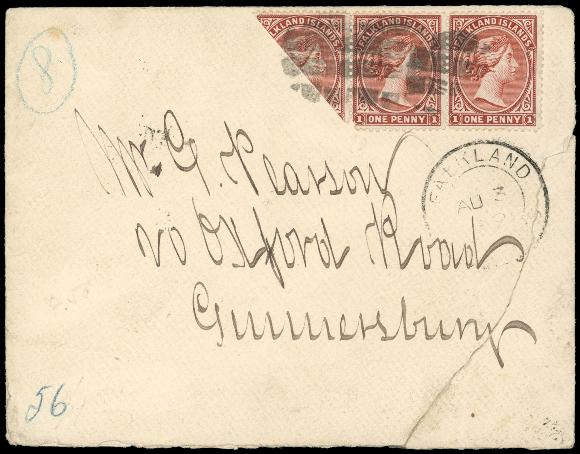 Falkland Is 1891 1d red-brown bisect cover to England