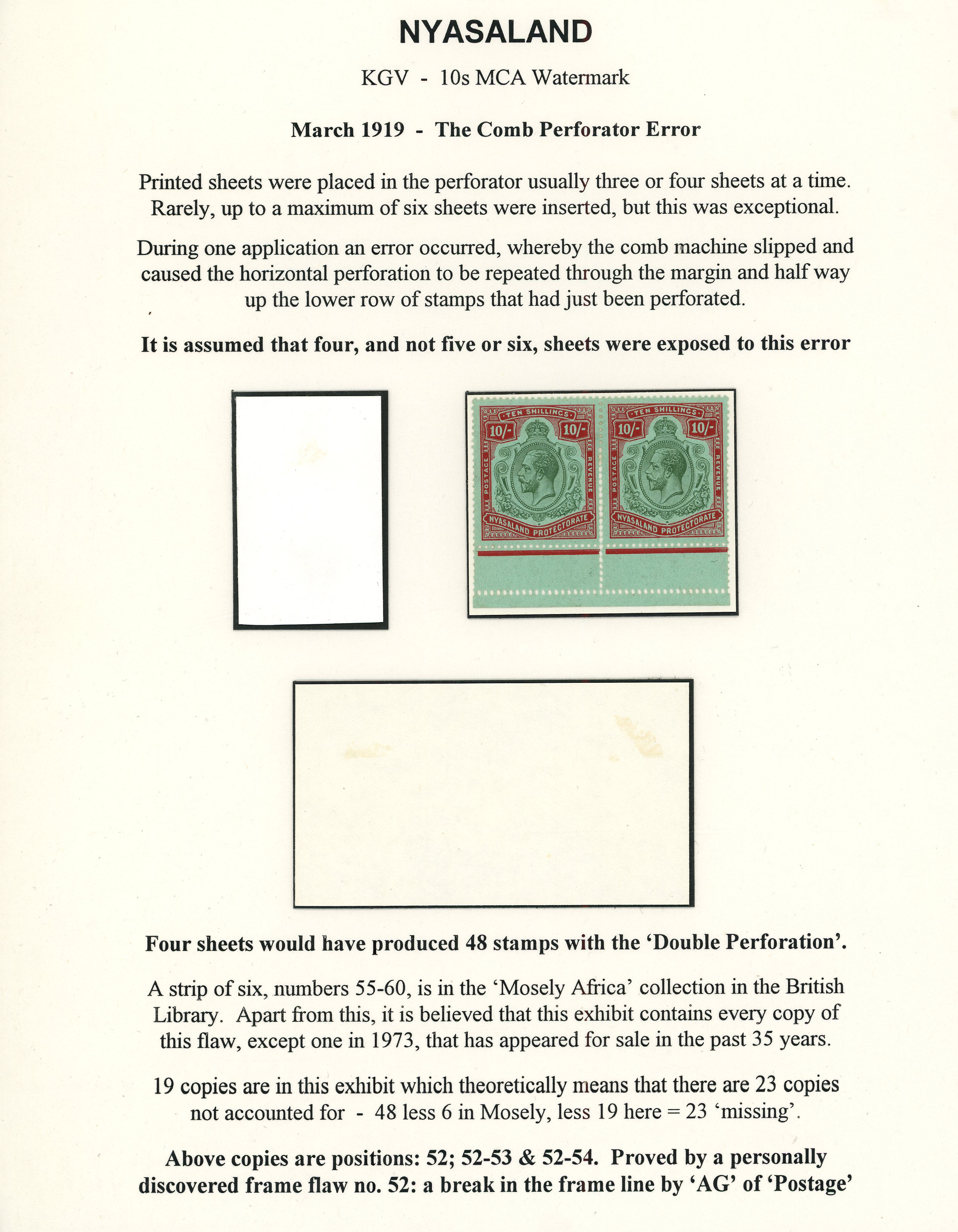 Bermuda 1913-21 10s green and deep scarlet on green, pair with lower margin, variety comb perforation...