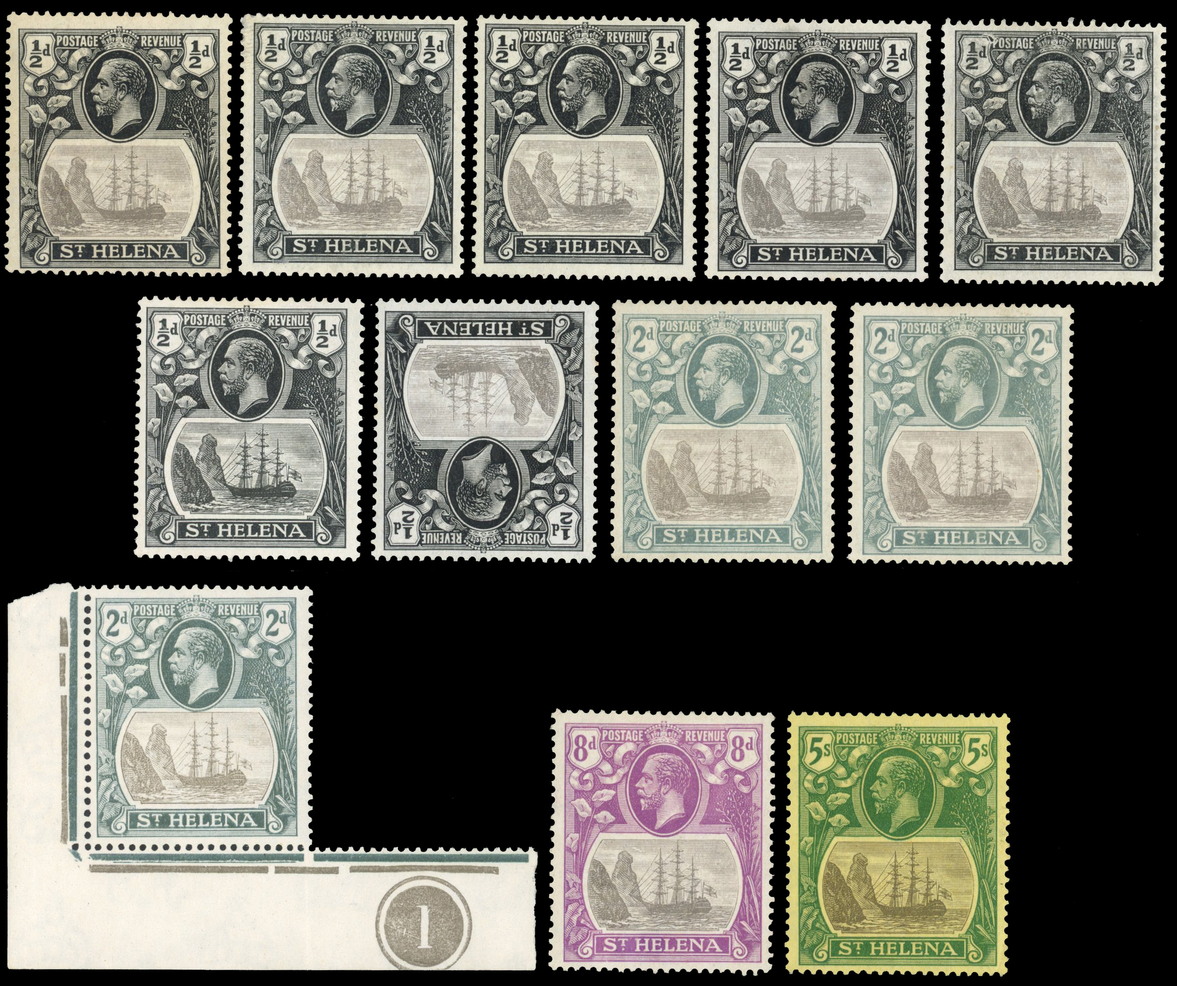 St Helena 1922-37 Wmk Mult Script CA mint variety group, SG 97a/110c