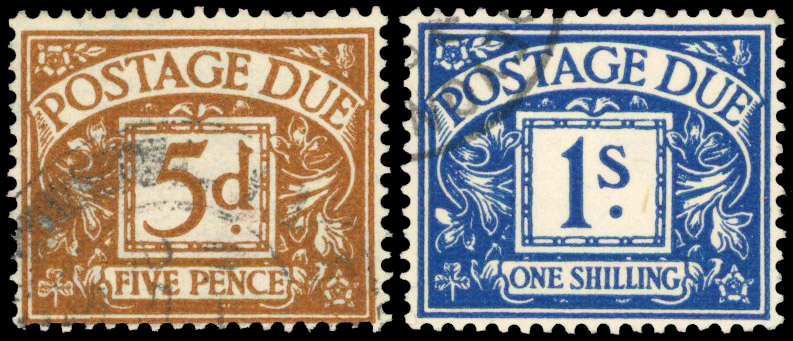 1937 5d & 1s Dues with sideways-inverted watermarks, used (SGD32wi & D33wi)