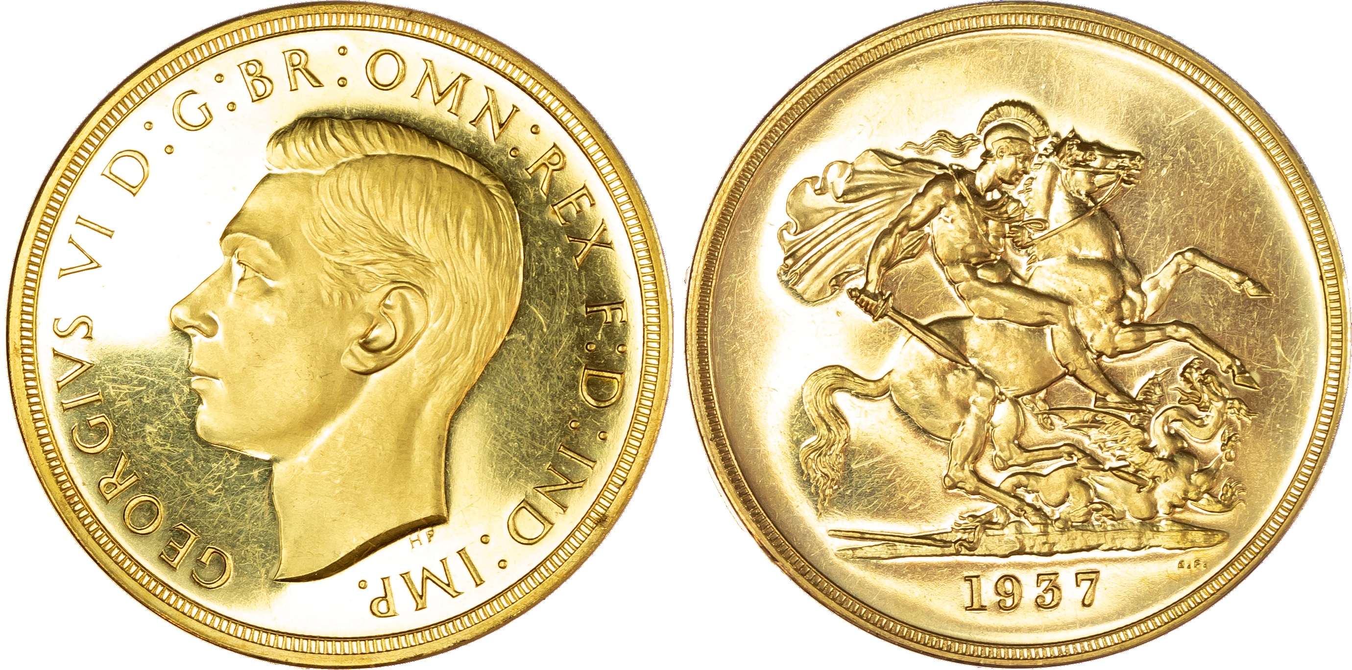 George VI (1936-52), Gold proof Set, four coin set issued in 1937, Coronation year, Five Pounds, Two Pounds, Sovereign and