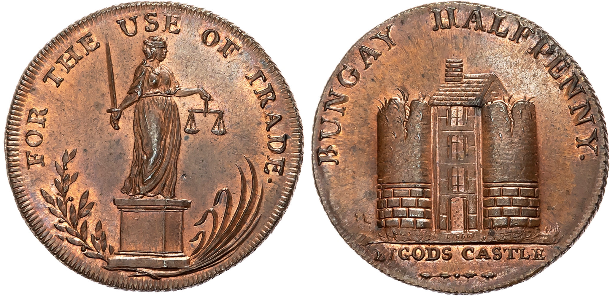 Suff. Bungay , Samuel Prentice (grocer) Halfpenny 1795, Justice standing on a pedestal, rev. View of the ruins of Bigod’ …