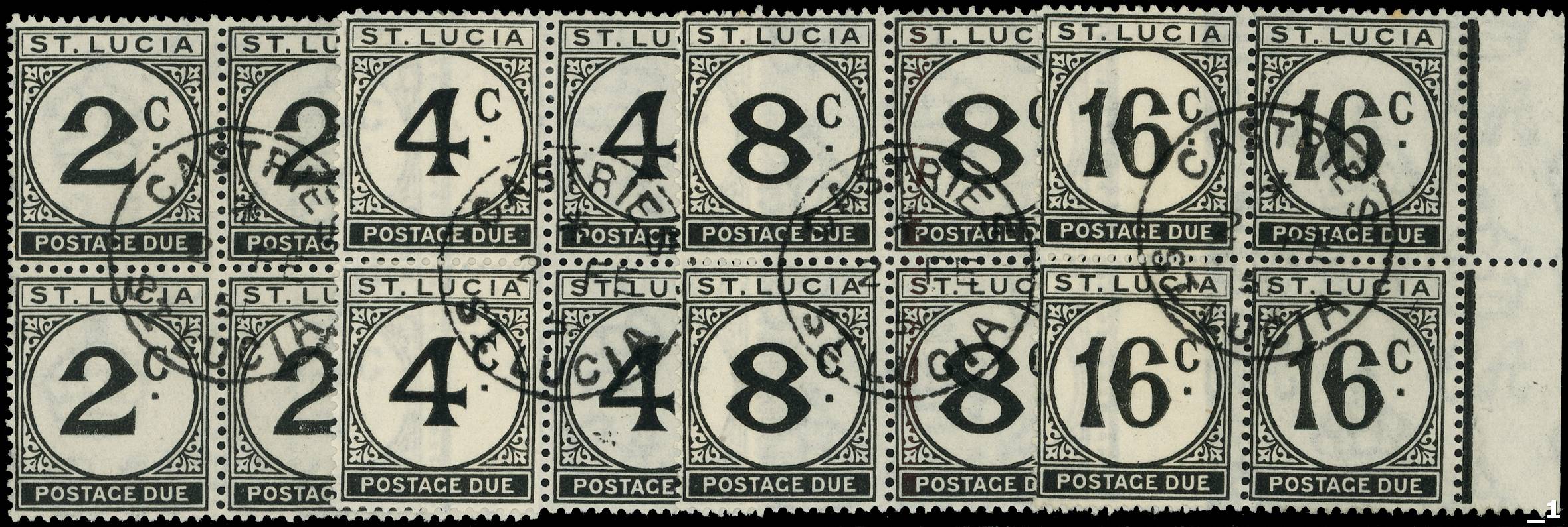 St Lucia SG D7-10 blocks of four used