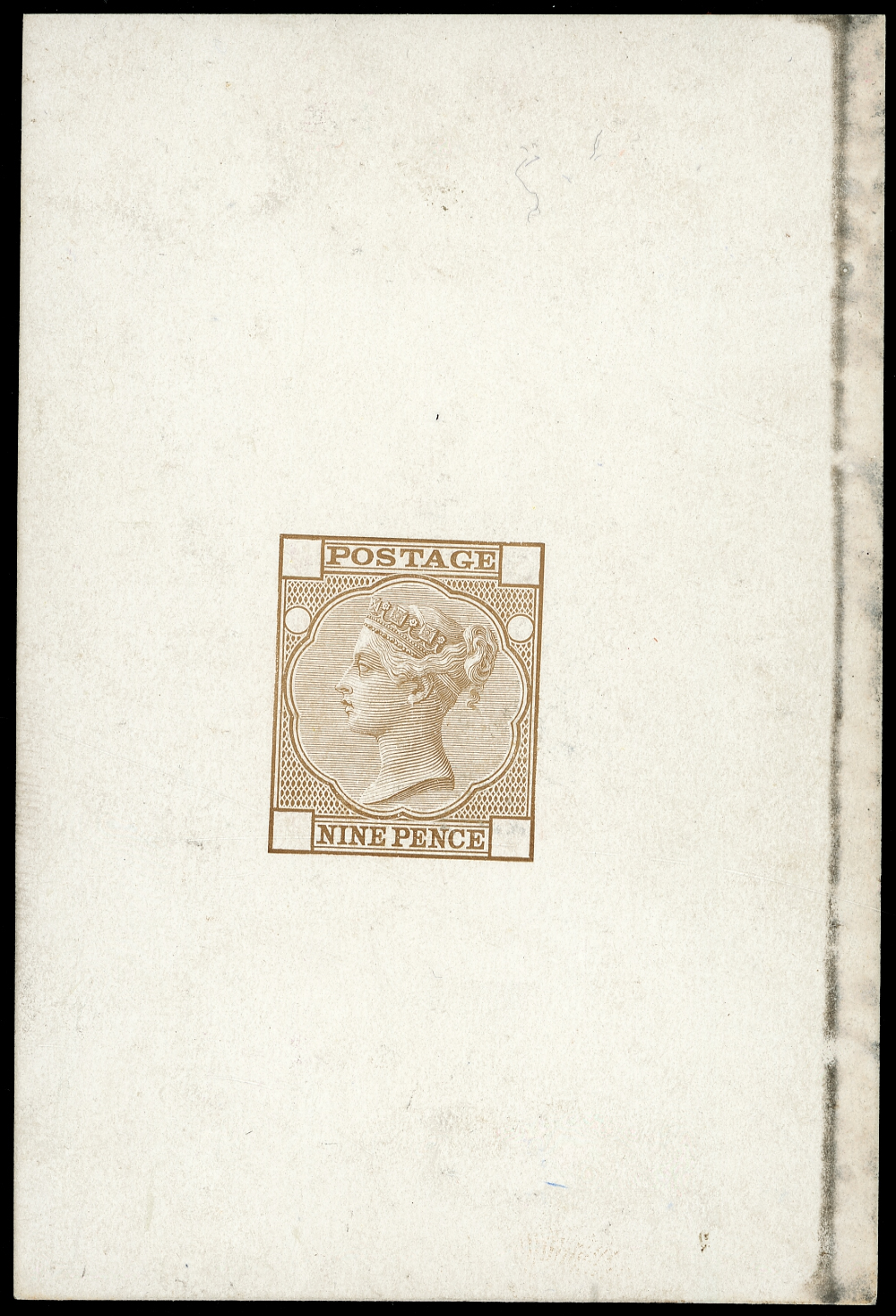 1873 9d Die proof (Type B). Burnt umber on white glazed card