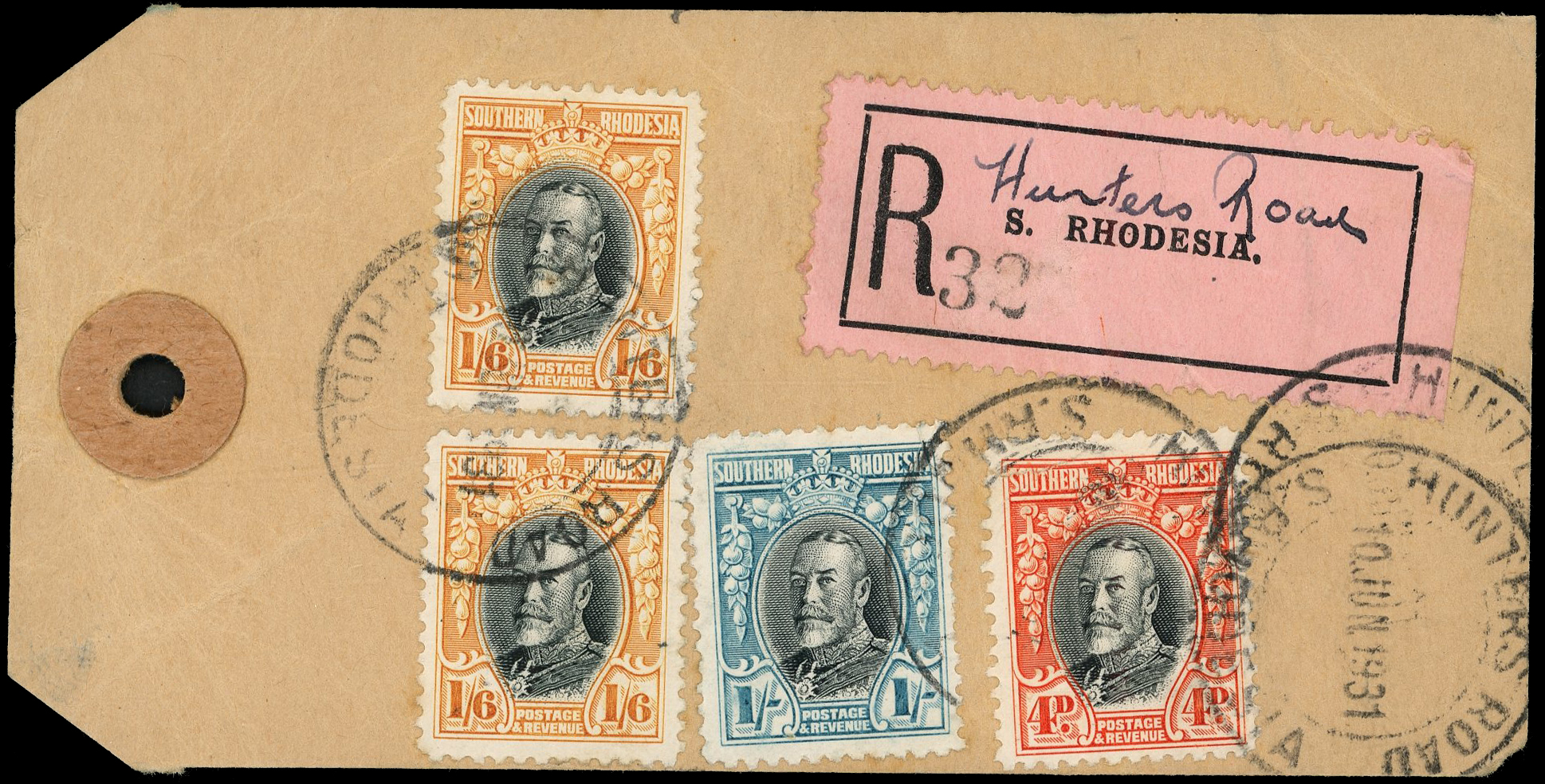1931 registered parcel tag from Hunter's Road