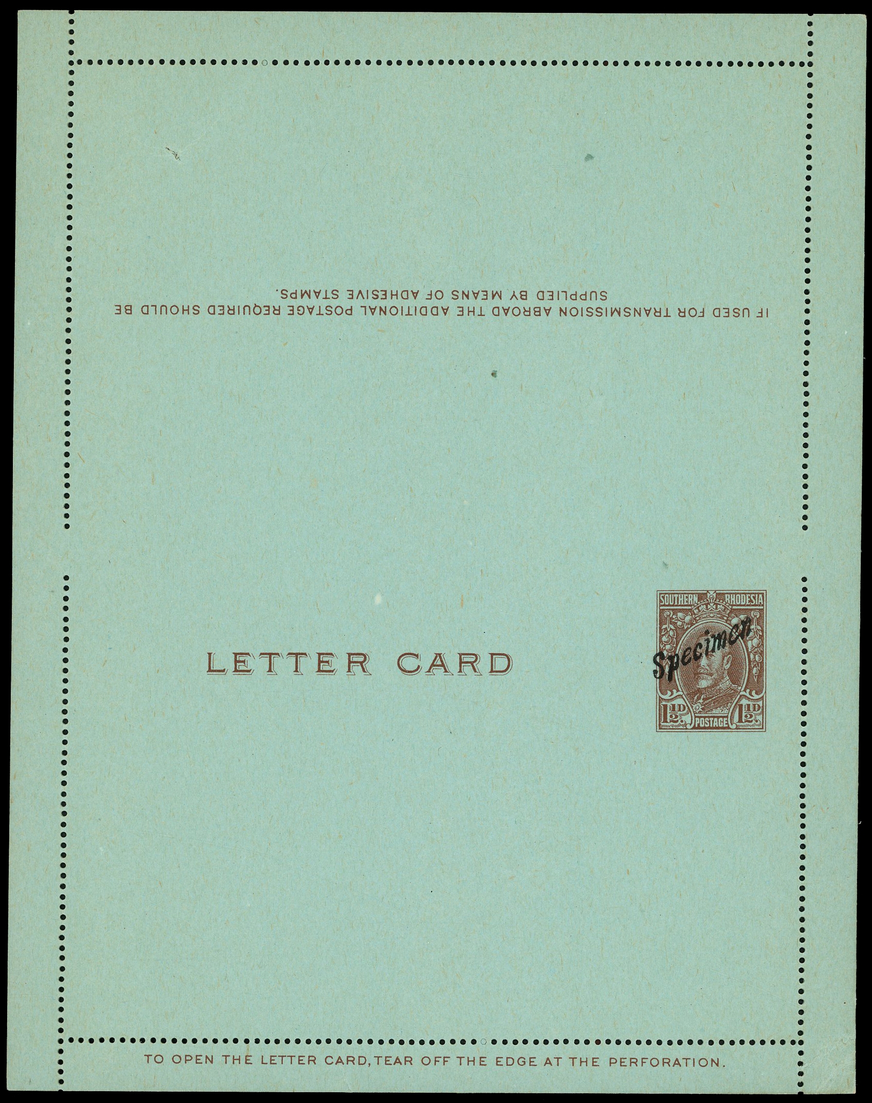 Postal Stationery. 1931 Field Marshall unissued 1½d brown letter card overprinted Specimen