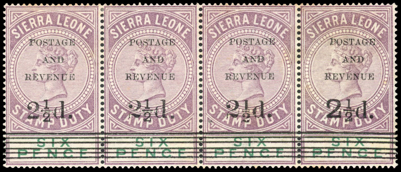 Sierra Leone. 1897 Fiscal stamps 2½d on 6d dull purple and green, horizontal strip of four, overprinted