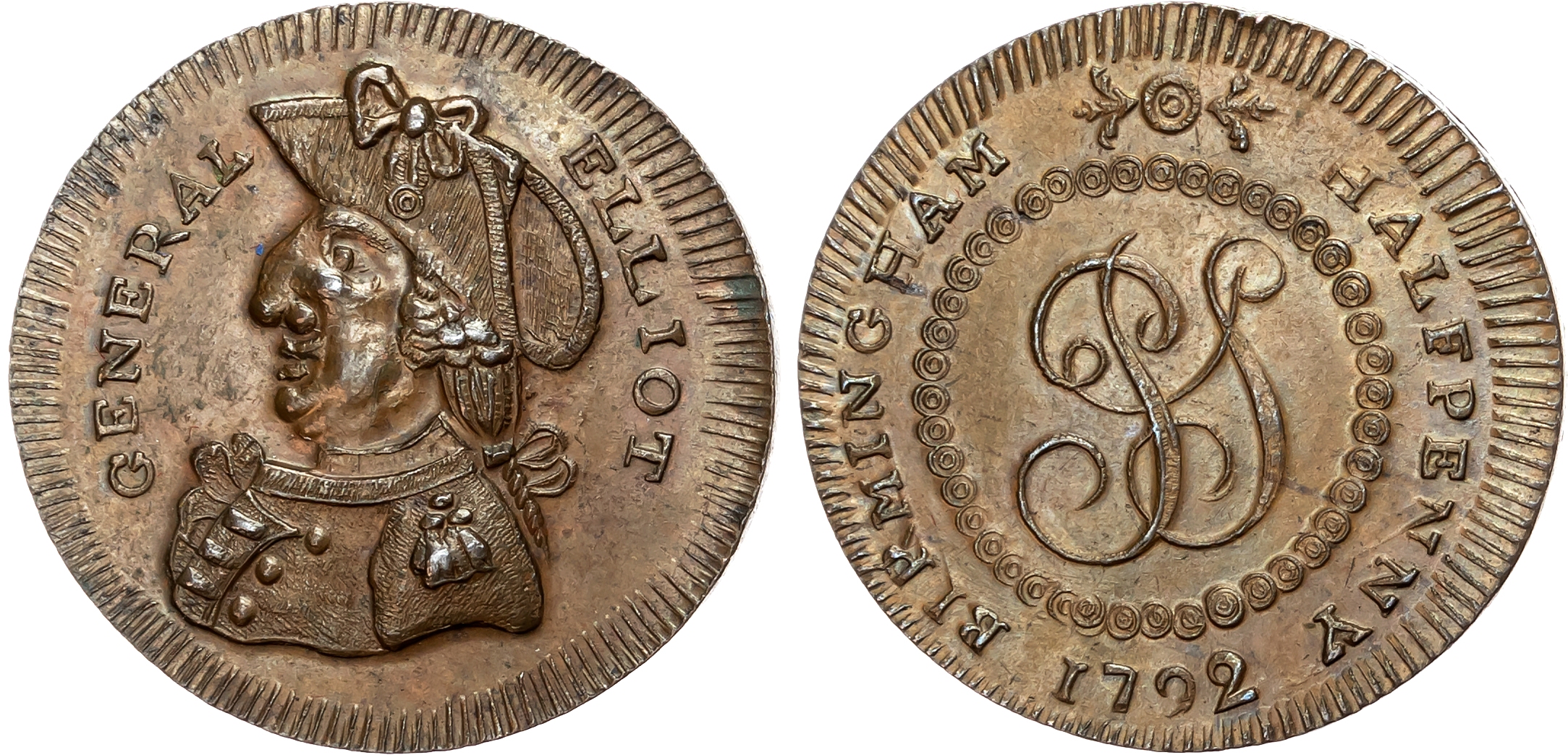 Warks.  Birmingham , Skidmore’s mule Halfpenny 1792, PS cypher in a ring, rev . Bust of General Elliot in uniform, edge  …