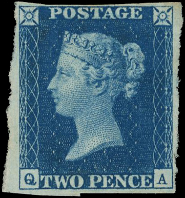 1840 2d blue, plate 2 (QA), clear to large margins, unused