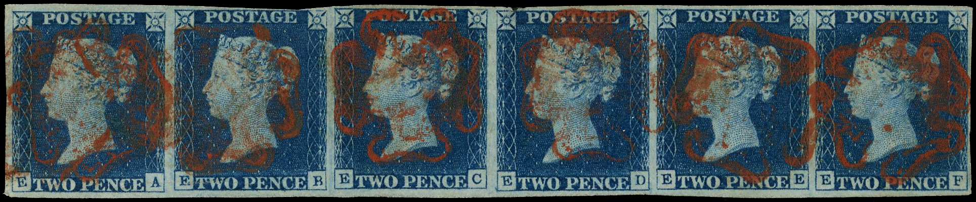 1840 2d Blue Pl.1. (EA-EF). Used horizontal strip of six