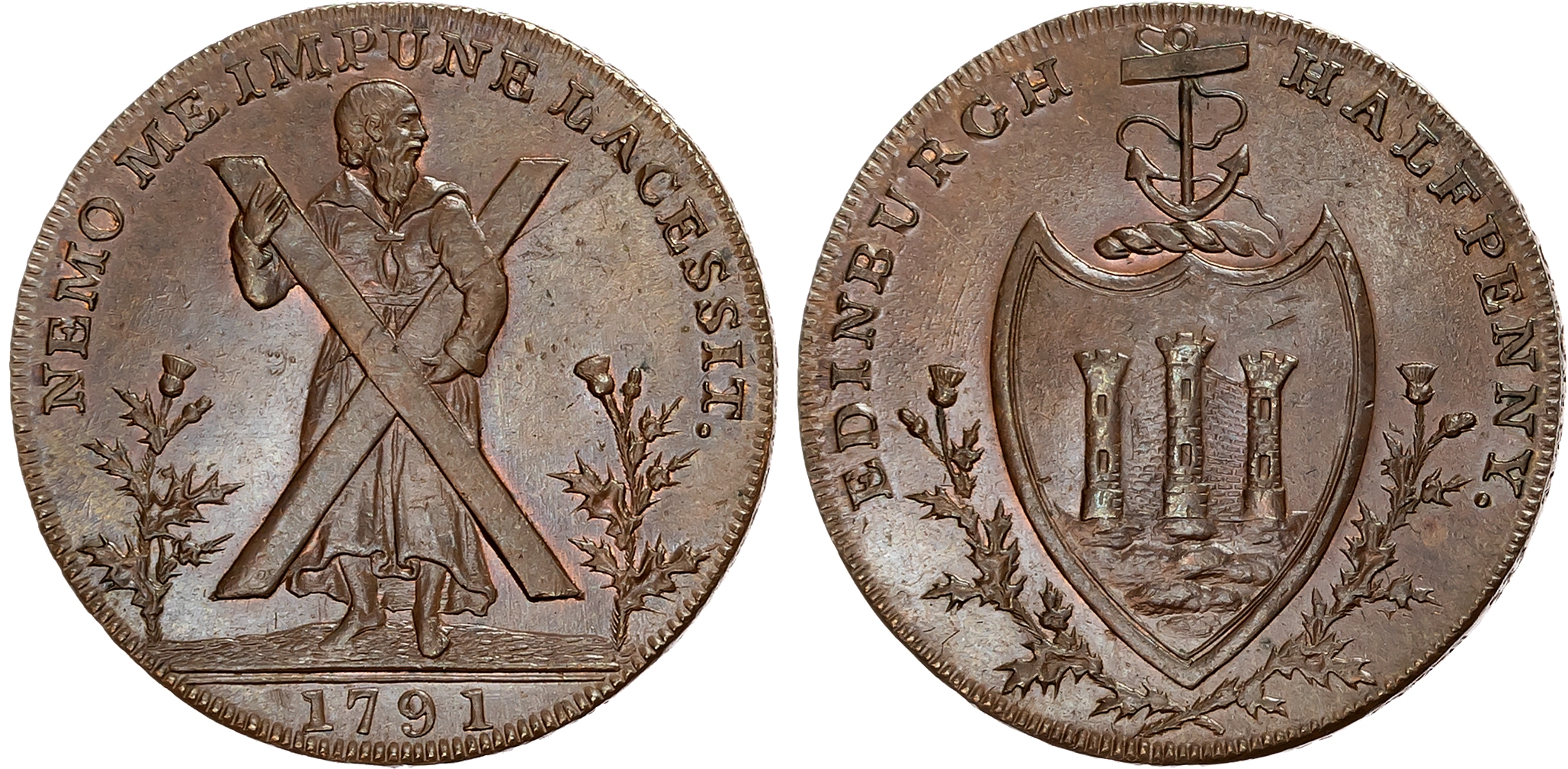 Loth. Edinburgh, Thomas and Alexander Hutchison Halfpenny 1791, St. Andrew holding cross, thistle either side, rev . arm …
