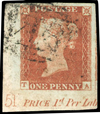 1841 1d Red-brown Pl.51. Used corner marginal with plate number