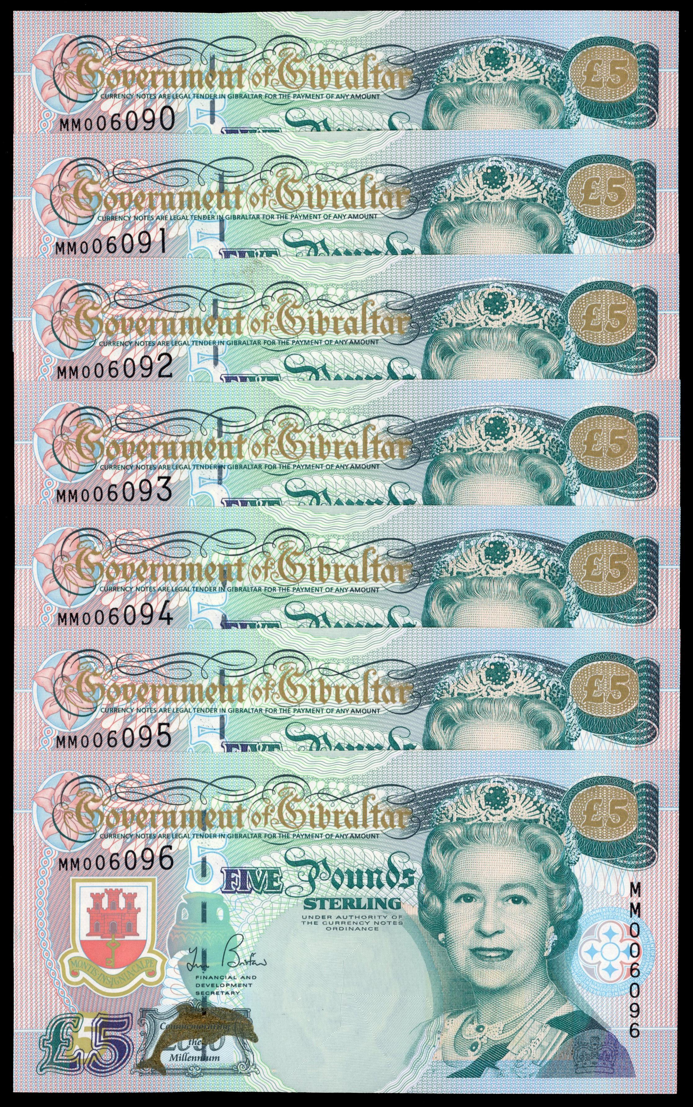 Gibraltar, Government, Five Pounds, 2000, Bristow, consecutive serial numbers MM 006090 to 006099, (Pick 29). …
