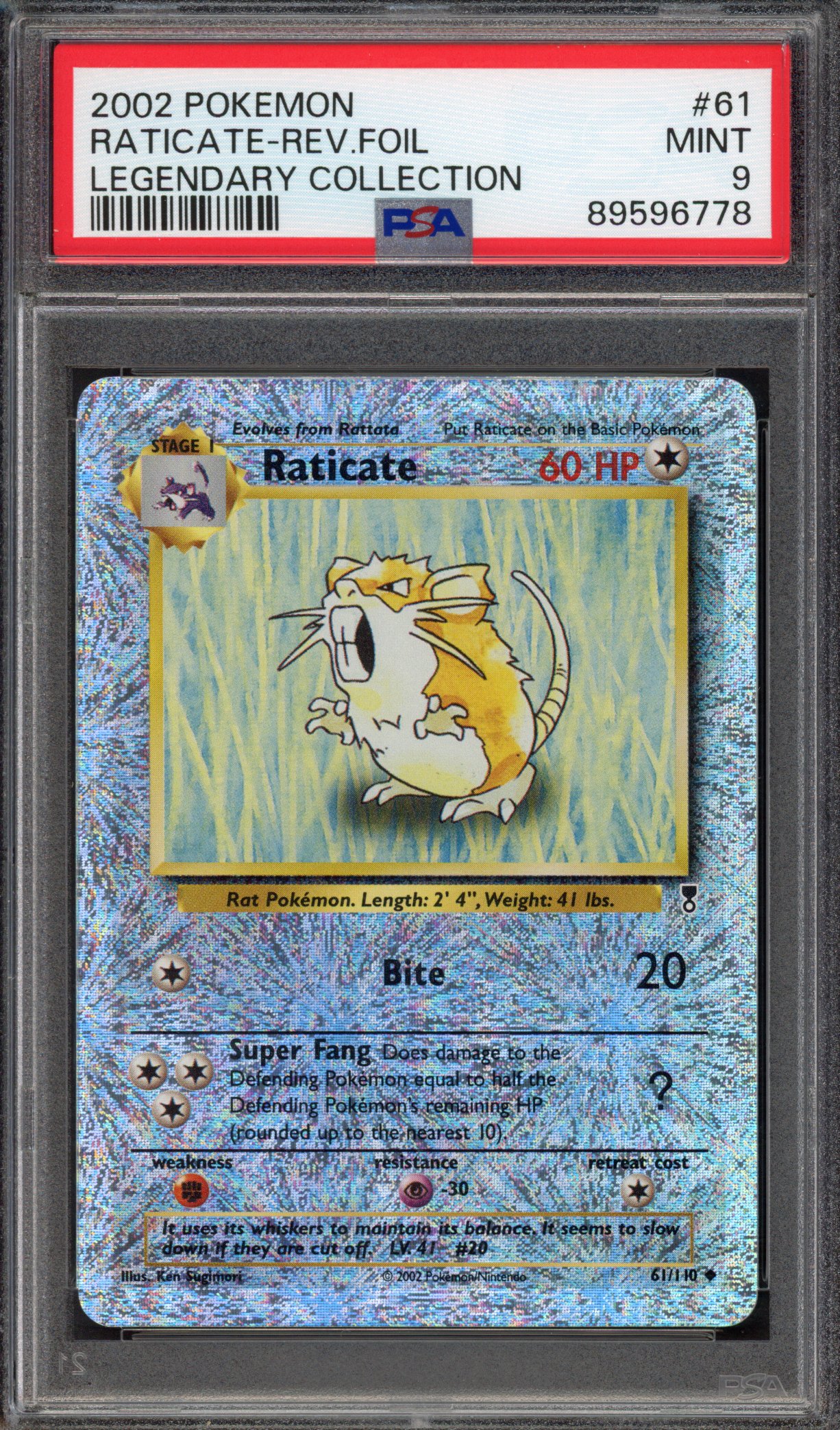 Pokémon TCG PSA 9 Raticate 61 Reverse Foil, Legendary Collection 