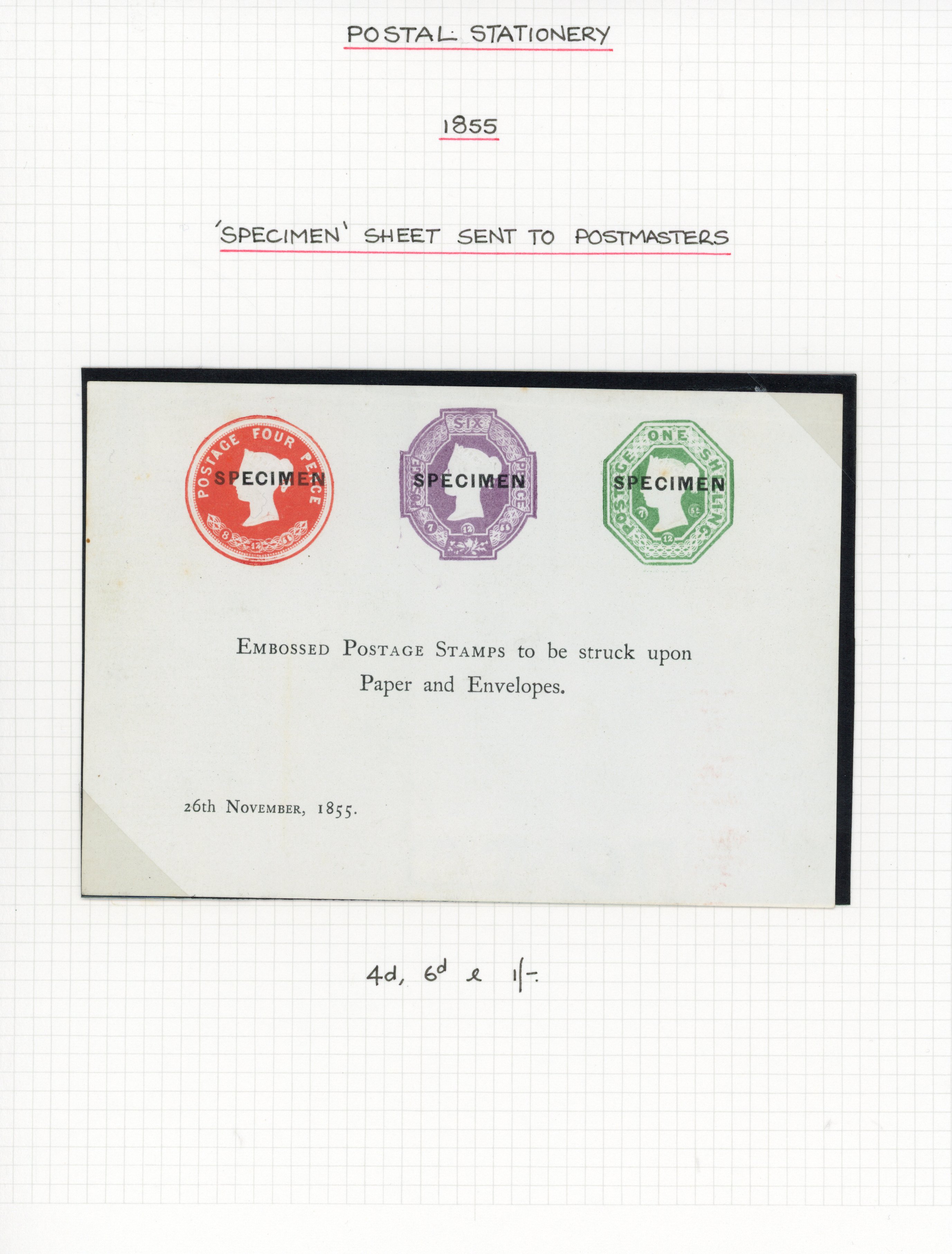 1855 Postal Stationery, 4d., 6d. and 1s.  Attractive embossed overprinted ''SPECIMEN'' on small postal notice